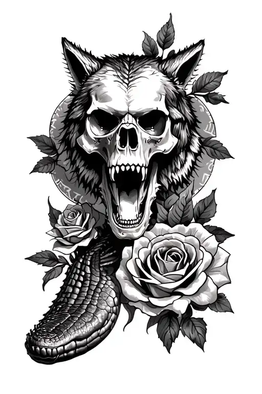 Crocodile Tattoo Including A Werewolf Skull And Roses