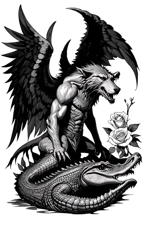 Winged Werewolf With A Rose And Crocodile