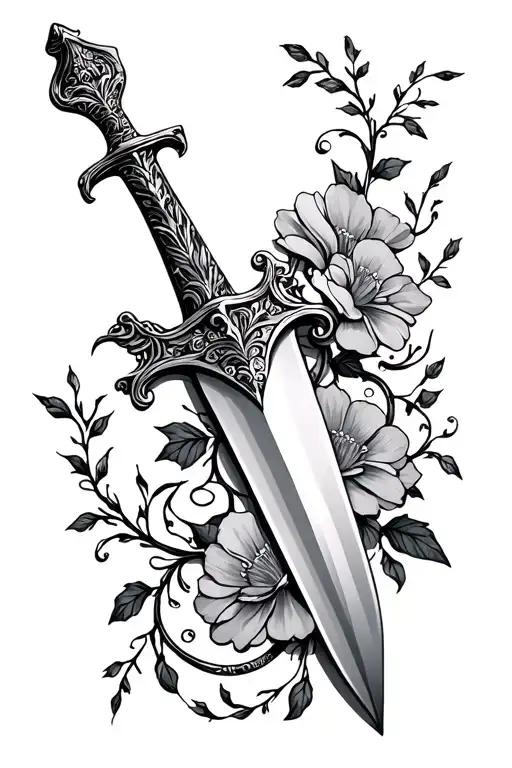 Feminine Dagger With Flowers & Vine Wrapping Around Arm
