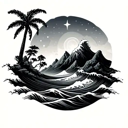 Waves Palm Tree Mountains Trees Stars