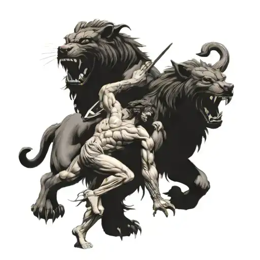Heracles Battling Cerberus In A Detailed Black And Grey Realism Style