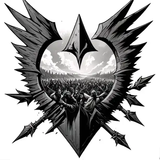 Design Me An Arrowhead With A Battle Scene Happening Inside Of The Arrow As A Reflection
