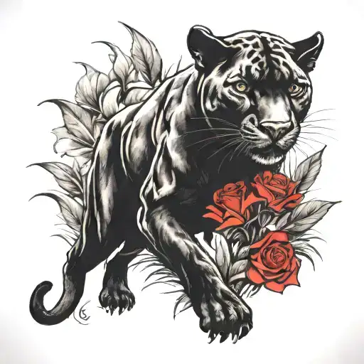 Simple Panther Walking In A Feild Of White Liles And One Red Rose