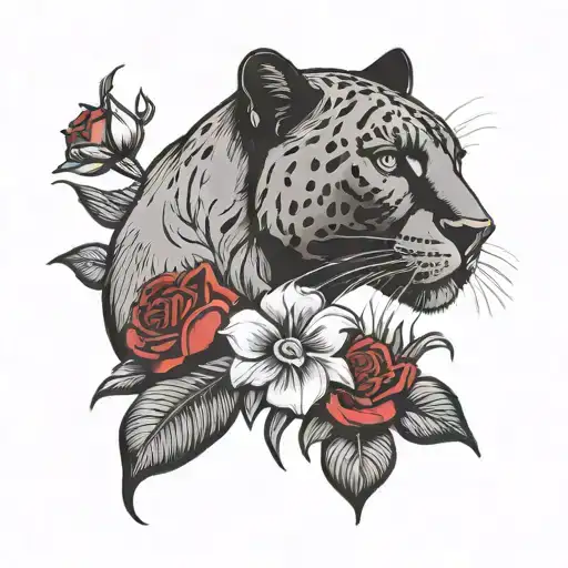 Simple Panther Shadow Outline Walking In A Feild Of White Liles And One Red Rose