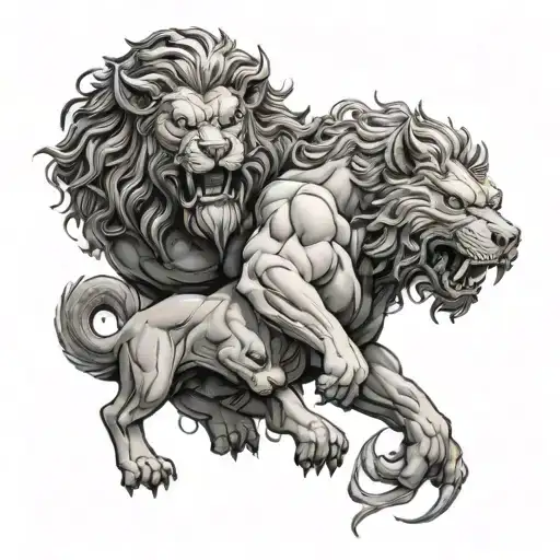 A Detailed Black And Grey Tattoo Of Hercules Overpowering Cerberus With A Dramatic Lighting Effect