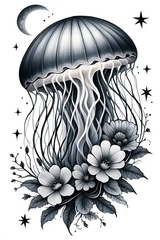 Realistic Jellyfish Tattoo With Flowers Treesa Moon And Stars