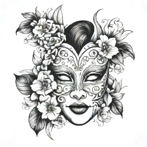 Happy And Sad Mask Surrounded By Flowers Growing