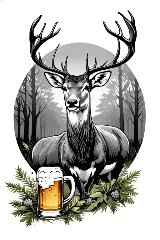 Deer And Beer In Woods Surrounded