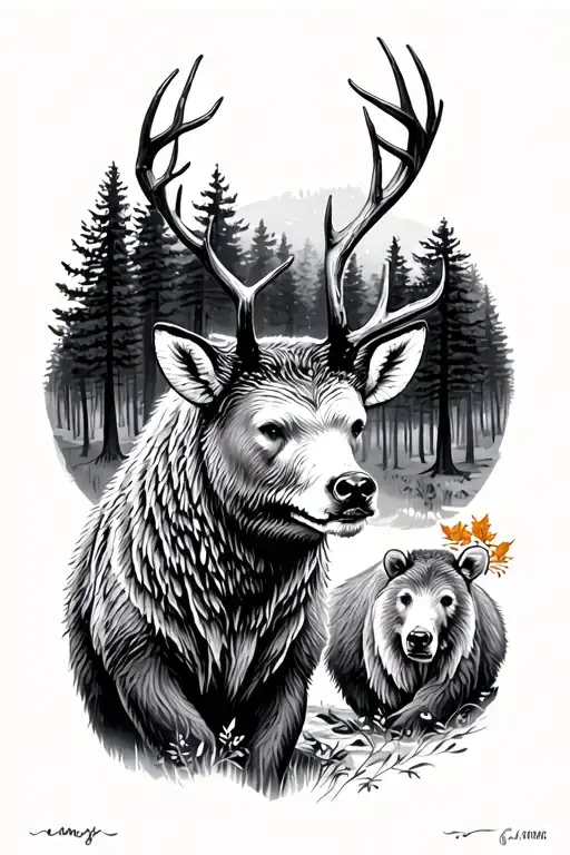 Deer And Bear In Woods