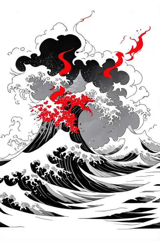 Black And Red Japanese Style Waves With A Storm Happening
