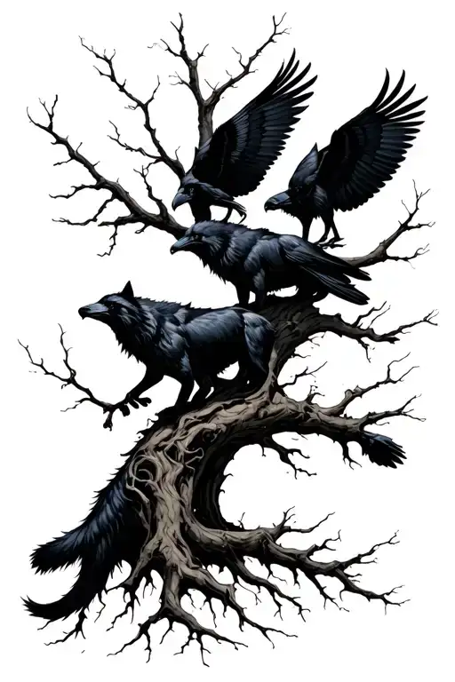 Shadow Wolves With Tree Roots And Ravens