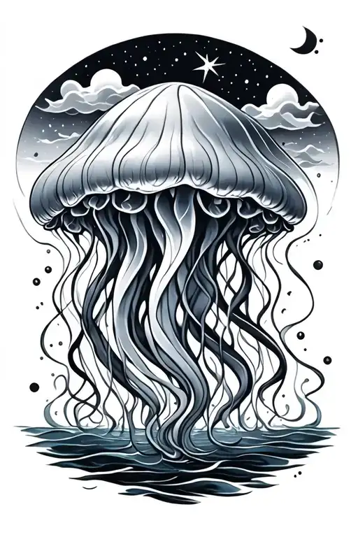 Sky Themed Jellyfish Small Tattoo Black