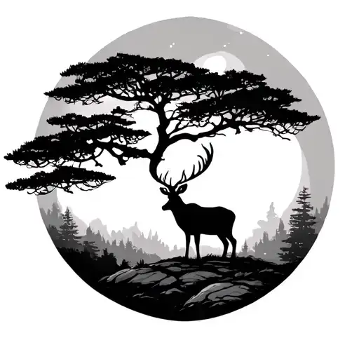 Cypress Tree With Deer Standing