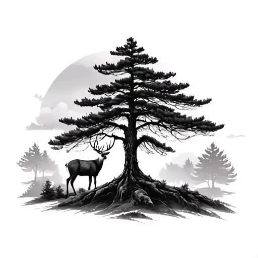 Realistic Cypress Tree With Deer Standing