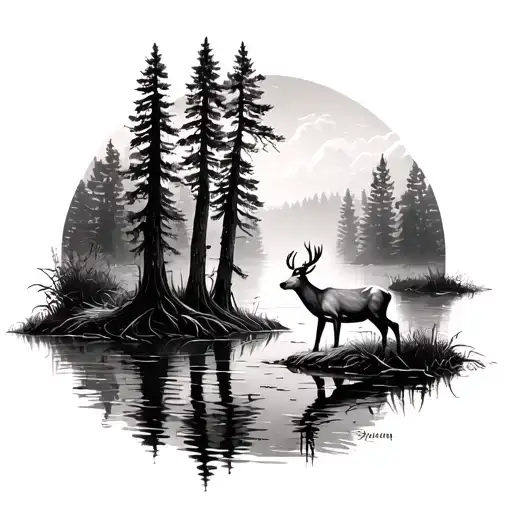 Realistic Cypress Tree Swamp With Deer Standing