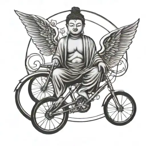 A Black-grey Tattoo Of A Buddha Figure Gracefully Balancing On A Bicycle Wheel
