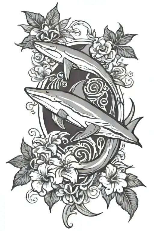 A Black-grey Tattoo Of A Hammerhead Shark And Hawaiian Flowers Intertwined