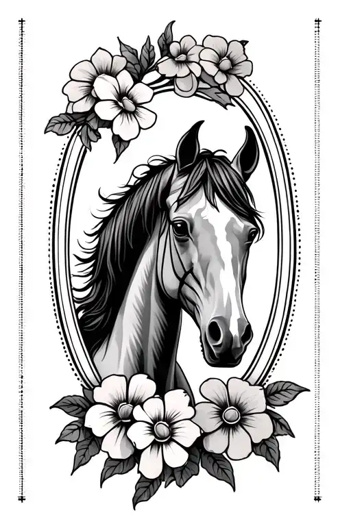 Horse Memorial In Dotted Oval Frame With Three Flowers On Left Side Of Oval