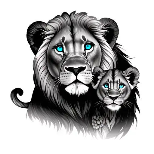 Lion And Cub With Blue Eyes And The Background