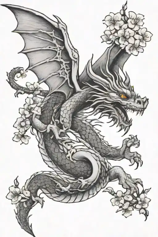 Feminine Dragon Flying Vertically Up Into The Sky With Cherry Blossom