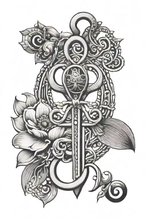 Dainty Ankh Symbol With Small Scarab Beetle And Lotus Flower