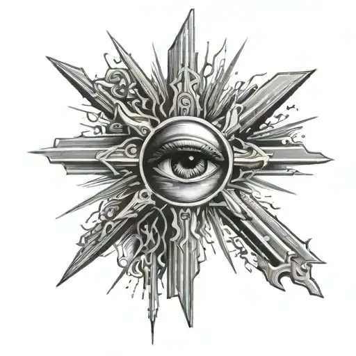 A Squinted Eye With Sun Rays Coming Out Of It With A Holy Cross Under It