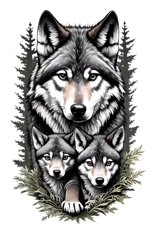 Wolf And Cub In Forrest Themed Half Sleeve