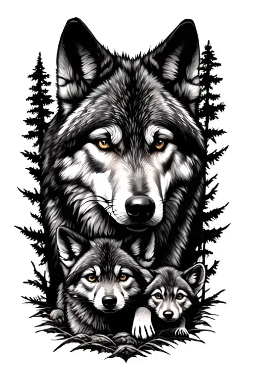 Wolf And One Cub In Forrest Themed Half Sleeve