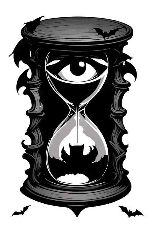 Hourglass With Eye On Top With Bats Swirling Around The Whole Thing