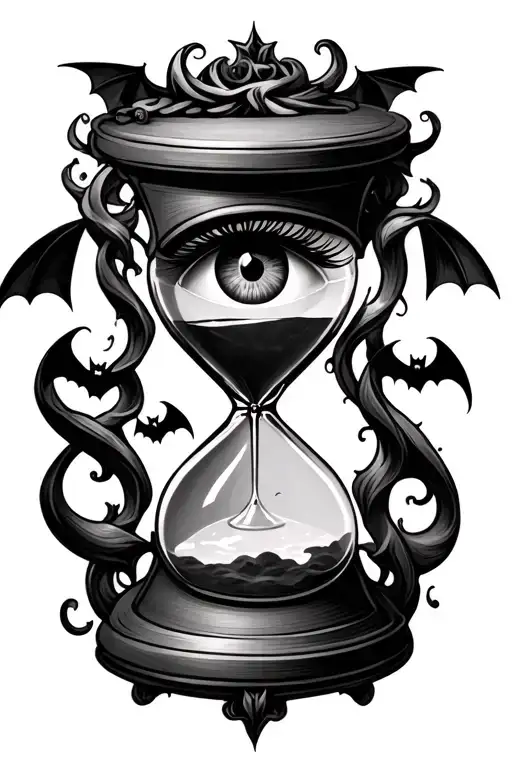 Traditional Hourglass With Eye On Top With Bats Swirling Around The Whole Thing