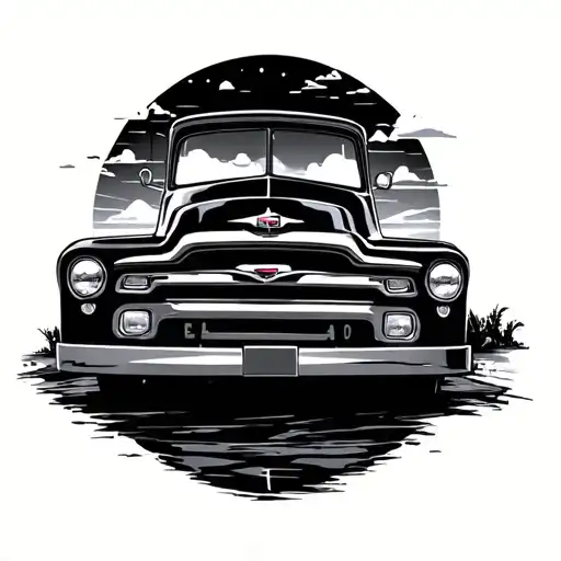 Vintage Truck With A Sunset Background In Black-grey Shading