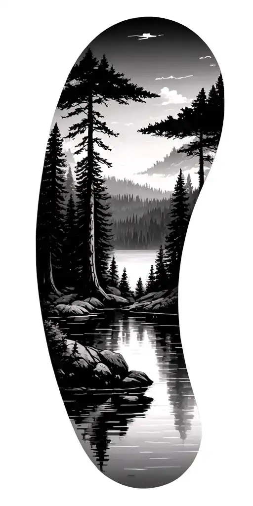 Outdoor Forest Landscape With Lake Inside