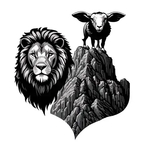 Mountain Summit With Lamb Torwards The Top And Lion In The Middle