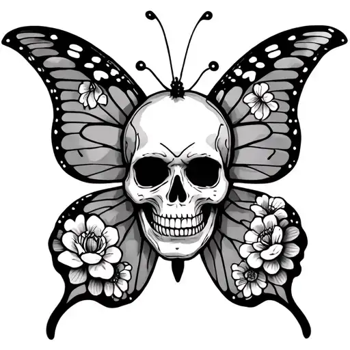 Skull Face Inside A Butterflys Wings Spread Wide With Flowers