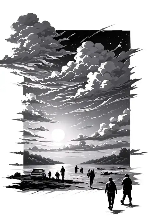 Clouds And Sunset With People Walking