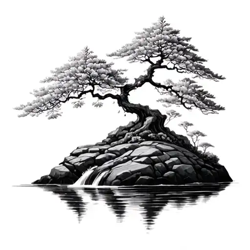 Blossom Bonzai Tree Growing Out Of A Rock With Water Flowing Below It