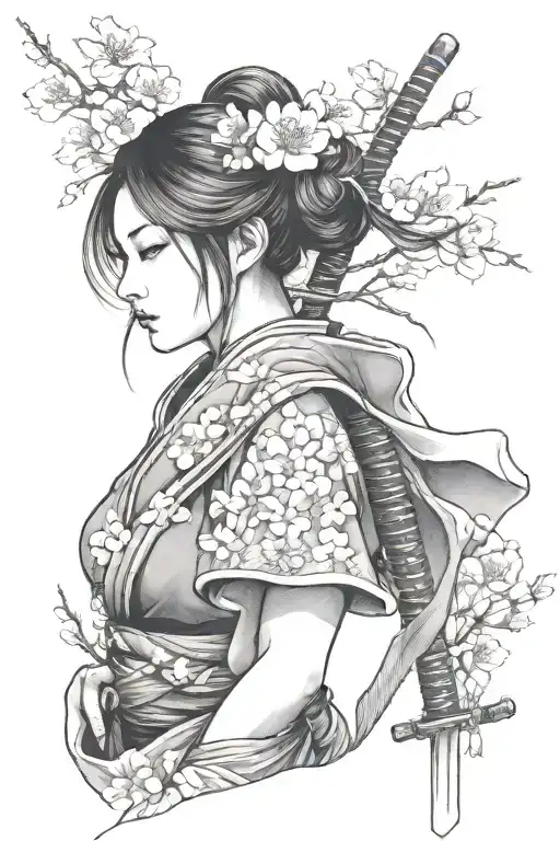Japan Girl With Sakura And Katana
