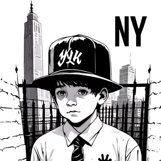 Boy Behind Fences With Skyscrapers As A Background And A Hat With Ny Writing Above