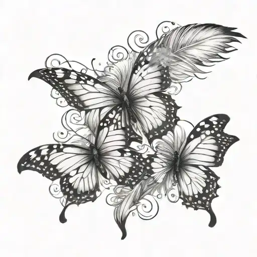 Feather And Two Butterflies Flying