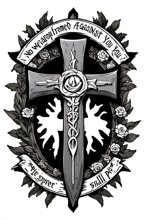 No Weapon Fromed Against You Shall Prosper Written In A Cross With A Rossary