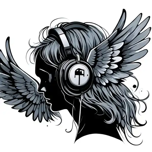 Human With Wings Hearing Music Using Headset Sillouette