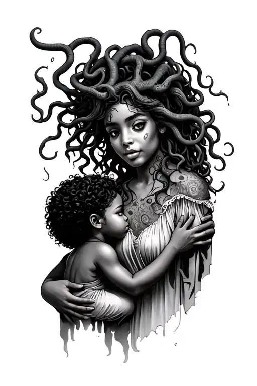 Medusa Tattoo With Her Holding A Scared Little Brown Skinned Girl With An Afro