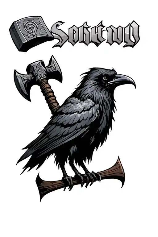 Crow And Thors Hammer With Odin's Name