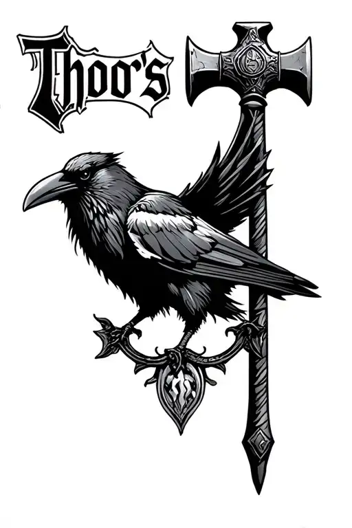 Crow And Thors Hammer With Odin's Name