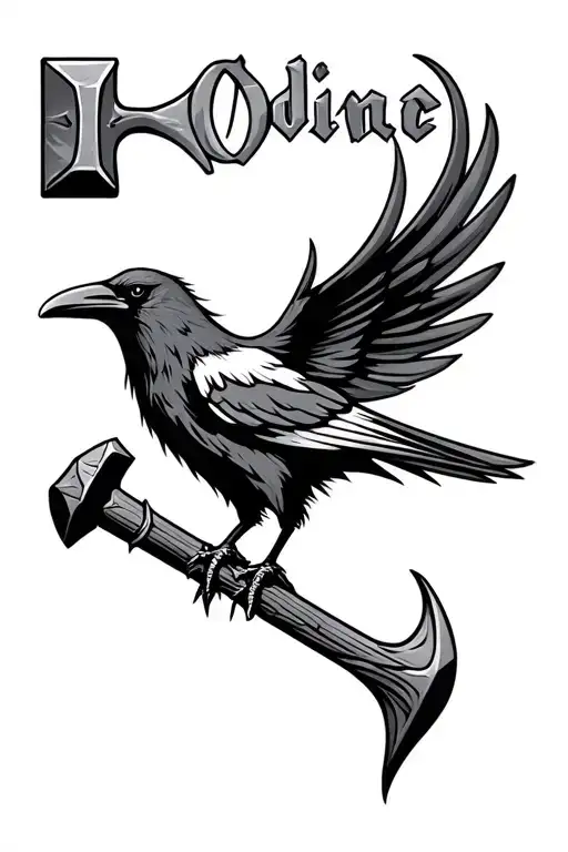 Crow And Thors Hammer With Odin's Name