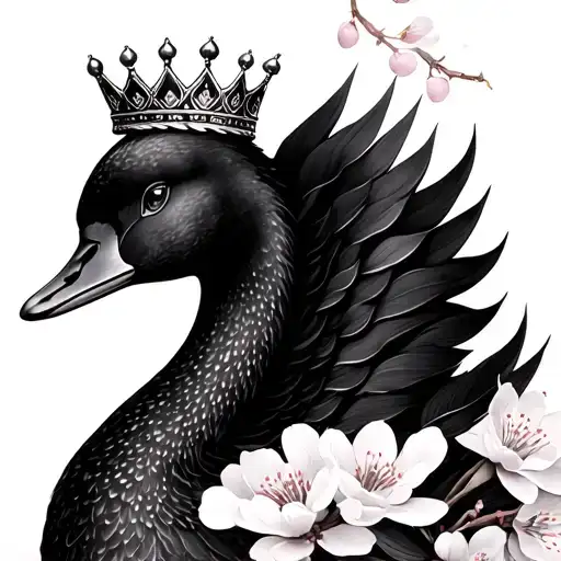 Black Swan With Crown And Cherry Blossom