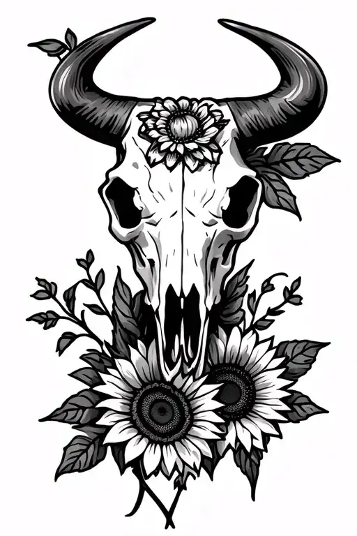 Western Bull Skull With Sunflowers And Western Design