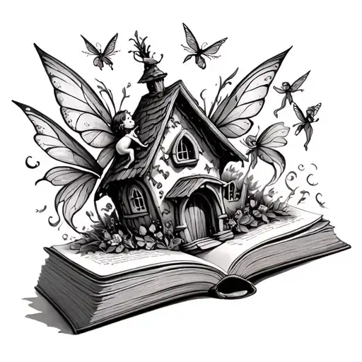 An Open Book With A Fairy House Coming Out Of It With Fairys Flying Away