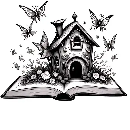 An Open Book From The Front With A Fairy House Coming Out Of It With Fairys Flying Away