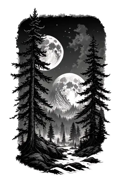 Massive Forest Landscape With Huge Moon In The Background